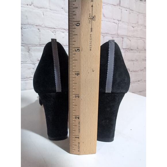 Boden Black Suede Leather Block Heel Pumps US 6 EU 37 Button Detail Square Toe - Picture 8 of 13